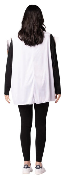 Back view of woman in the adults Fireball Whiskey Shot Glass Costume featuring a foam tunic designed to resemble a shot glass, with a wide top and tapered base shape, printed on the front with realistic Fireball Whiskey label graphics including a red dragon emblem and bold lettering, along with a gradient liquid effect inside the glass