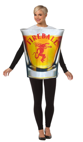 Woman in the adults Fireball Whiskey Shot Glass Costume featuring a foam tunic designed to resemble a shot glass, with a wide top and tapered base shape, printed on the front with realistic Fireball Whiskey label graphics including a red dragon emblem and bold lettering, along with a gradient liquid effect inside the glass