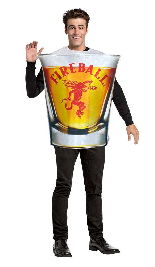 Man in the adults Fireball Whiskey Shot Glass Costume featuring a foam tunic designed to resemble a shot glass, with a wide top and tapered base shape, printed on the front with realistic Fireball Whiskey label graphics including a red dragon emblem and bold lettering, along with a gradient liquid effect inside the glass