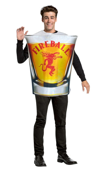Man in the adults Fireball Whiskey Shot Glass Costume featuring a foam tunic designed to resemble a shot glass, with a wide top and tapered base shape, printed on the front with realistic Fireball Whiskey label graphics including a red dragon emblem and bold lettering, along with a gradient liquid effect inside the glass