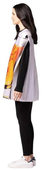 Side view of woman in the adults Fireball Whiskey Shot Glass Costume featuring a foam tunic designed to resemble a shot glass, with a wide top and tapered base shape, printed on the front with realistic Fireball Whiskey label graphics including a red dragon emblem and bold lettering, along with a gradient liquid effect inside the glass