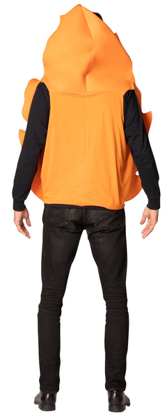 Back view of man in the adults Flaming Fire Costume Featuring a foam tunic shaped like a stylized flame with pointed, layered edges, designed with a printed front showing yellow and orange fire graphics and a smooth orange poly-knit back, constructed in a loose, slip-on style for easy wear.