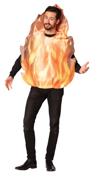 Man in the adults Flaming Fire Costume Featuring a foam tunic shaped like a stylized flame with pointed, layered edges, designed with a printed front showing yellow and orange fire graphics and a smooth orange poly-knit back, constructed in a loose, slip-on style for easy wear.