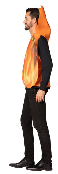 Side view of man in the adults Flaming Fire Costume Featuring a foam tunic shaped like a stylized flame with pointed, layered edges, designed with a printed front showing yellow and orange fire graphics and a smooth orange poly-knit back, constructed in a loose, slip-on style for easy wear.