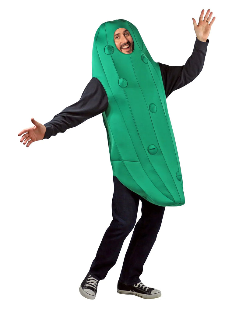Man in the Adults Funny Green Pickle Costume Featuring a green foam tunic shaped like an oversized pickle with a rounded top and tapered bottom, designed with vertical seam lines and raised circular bump details for texture, including a cutout near the top for the face with open sides for the arms and a loose fit that extends to approximately mid-thigh.