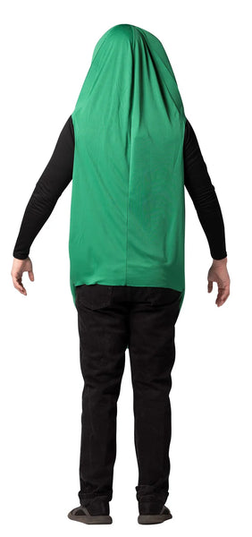 Back view of a man in the Adults Funny Green Pickle Costume Featuring a green foam tunic shaped like an oversized pickle with a rounded top and tapered bottom, designed with vertical seam lines and raised circular bump details for texture, including a cutout near the top for the face with open sides for the arms and a loose fit that extends to approximately mid-thigh.