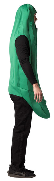 Side view of a man in the Adults Funny Green Pickle Costume Featuring a green foam tunic shaped like an oversized pickle with a rounded top and tapered bottom, designed with vertical seam lines and raised circular bump details for texture, including a cutout near the top for the face with open sides for the arms and a loose fit that extends to approximately mid-thigh.