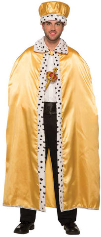 Man in the Adults Golden Royal Cape Costume Featuring a long, flowing cape made from smooth gold satin-like fabric with a full draped silhouette, trimmed with a white faux fur collar and front edging patterned with black spots, and secured at the neck with a simple closure for easy wear and a regal, open-front presentation.