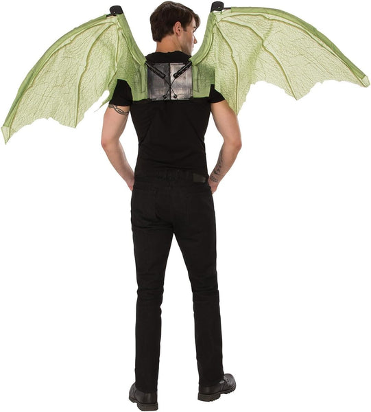 Back of man wearing the Green Mechanical Dragon Wings which feature a large pair of articulated wings constructed with translucent pale‑green fabric panels stretched between structured internal supports, creating a realistic wing silhouette with visible vein‑like patterning throughout. The wings are connected to a central mechanical harness unit worn on the back, complete with visible hinge joints and attachment points; controlled by hand‑held pull loops allowing the wings to expand