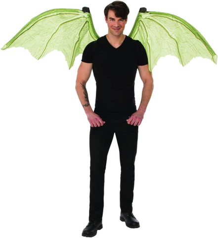 Man wearing the Green Mechanical Dragon Wings which feature a large pair of articulated wings constructed with translucent pale‑green fabric panels stretched between structured internal supports, creating a realistic wing silhouette with visible vein‑like patterning throughout. The wings are connected to a central mechanical harness unit worn on the back, complete with visible hinge joints and attachment points; controlled by hand‑held pull loops allowing the wings to expand