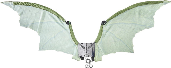 Green Mechanical Dragon Wings which feature a large pair of articulated wings constructed with translucent pale‑green fabric panels stretched between structured internal supports, creating a realistic wing silhouette with visible vein‑like patterning throughout. The wings are connected to a central mechanical harness unit worn on the back, complete with visible hinge joints and attachment points; controlled by hand‑held pull loops allowing the wings to expand