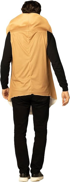 Back view of Man in the Adults Holy Cannoli Costume Featuring a one-piece foam tunic designed in the shape of a cannoli with a curved, wrap-style front and a textured, photorealistic print resembling a crisp pastry shell. The ends of the tunic display printed cream filling with attached dimensional ruffle details to mimic piped filling, accented by chocolate chip-style graphics.