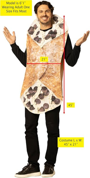 Man in the Adults Holy Cannoli Costume Featuring a one-piece foam tunic designed in the shape of a cannoli with a curved, wrap-style front and a textured, photorealistic print resembling a crisp pastry shell. The ends of the tunic display printed cream filling with attached dimensional ruffle details to mimic piped filling, accented by chocolate chip-style graphics.