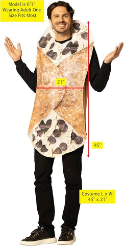 Man in the Adults Holy Cannoli Costume Featuring a one-piece foam tunic designed in the shape of a cannoli with a curved, wrap-style front and a textured, photorealistic print resembling a crisp pastry shell. The ends of the tunic display printed cream filling with attached dimensional ruffle details to mimic piped filling, accented by chocolate chip-style graphics.