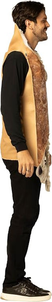 Side view of Man in the Adults Holy Cannoli Costume Featuring a one-piece foam tunic designed in the shape of a cannoli with a curved, wrap-style front and a textured, photorealistic print resembling a crisp pastry shell. The ends of the tunic display printed cream filling with attached dimensional ruffle details to mimic piped filling, accented by chocolate chip-style graphics.