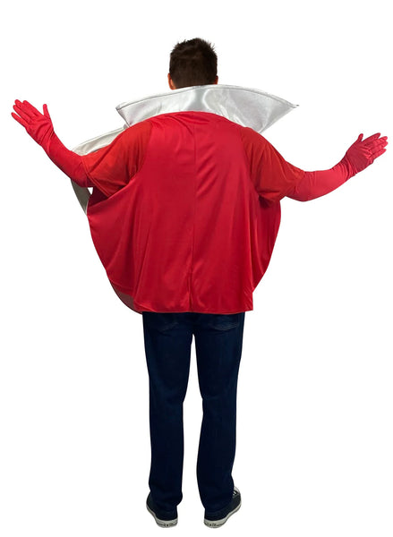 Back view of a man posing in the Adults Kool Aid Guy Costume Featuring a red head-out tunic designed in the shape of a rounded beverage pitcher with a smiling face graphic on the front, a wide silver collar detail around the neckline, and a matching silver handle attached at the side, paired with arm-length red gloves with elastic openings for a secure fit.