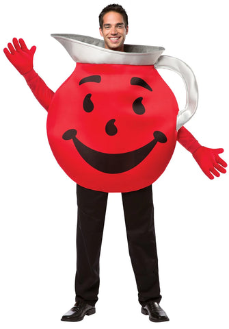 Man posing in the Adults Kool Aid Guy Costume Featuring a red head-out tunic designed in the shape of a rounded beverage pitcher with a smiling face graphic on the front, a wide silver collar detail around the neckline, and a matching silver handle attached at the side, paired with arm-length red gloves with elastic openings for a secure fit.