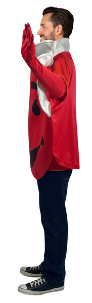 Side view of a man posing in the Adults Kool Aid Guy Costume Featuring a red head-out tunic designed in the shape of a rounded beverage pitcher with a smiling face graphic on the front, a wide silver collar detail around the neckline, and a matching silver handle attached at the side, paired with arm-length red gloves with elastic openings for a secure fit.