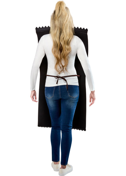 Back of Woman posing in the Adults Milk Chocolate M&M's Costume Featuring a foam-backed tunic costume designed to resemble a milk chocolate M&M’s candy package, with a rich brown wrapper print, large white m&m’s branding across the front, printed colorful candy pieces along the side, jagged wrapper-edge detailing at the top and bottom, and an open, sleeveless design with side ties for an adjustable and comfortable fit over everyday clothing.