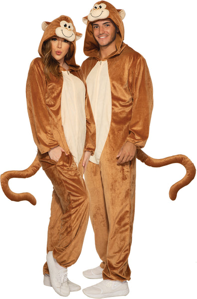 Woman and man in the Adults Monkey Comfy Wear Onesie Costume Jumpsuit Featuring a full-length brown jumpsuit constructed from soft, plush fabric, this unisex costume includes a lighter tan panel down the front and a zip-up closure. The attached hood is designed with a monkey face, including embroidered eyes, a rounded snout detail, and attached ears at the sides. The back features an attached long, curved tail that extends outward for a complete character look.