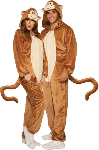 Woman and man in the Adults Monkey Comfy Wear Onesie Costume Jumpsuit Featuring a full-length brown jumpsuit constructed from soft, plush fabric, this unisex costume includes a lighter tan panel down the front and a zip-up closure. The attached hood is designed with a monkey face, including embroidered eyes, a rounded snout detail, and attached ears at the sides. The back features an attached long, curved tail that extends outward for a complete character look.
