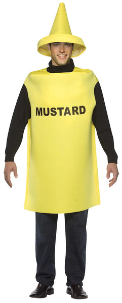 Man in Adults Mustard Bottle Costume Featuring a bright yellow bottle-shaped tunic with a smooth fabric finish and a wide, sleeveless cut that drapes over the body to mid-thigh length. The front displays bold black lettering spelling mustard, and the costume is paired with a matching oversized hat designed to resemble a pointed squeeze-bottle cap with a circular base brim. 