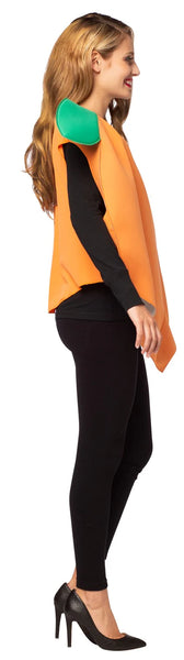 Side view of woman posing in the Adults Pleasant Peach Costume Featuring a large orange poly-foam tunic shaped like a rounded peach with a smooth surface, subtle center seam detail, and two attached green leaf accents at the neckline, designed in a loose, wearable silhouette that slips on easily over clothing.