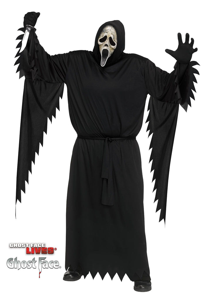 Adults Plus Size Scream Aged Ghost Face Costume featuring a full‑length black hooded robe designed with a loose, flowing silhouette, wide draped sleeves, and jagged torn‑style edges at the cuffs and hem, finished with a tie belt at the waist for a classic slasher look; includes matching gloves and an aged Ghost Face mask with a cracked, distressed bone‑tone finish, hollow black eye openings, and elongated scream mouth that gives the iconic face a worn, decayed appearance