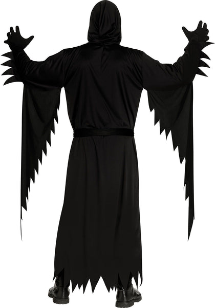 Back of Adults Plus Size Scream Aged Ghost Face Costume featuring a full‑length black hooded robe designed with a loose, flowing silhouette, wide draped sleeves, and jagged torn‑style edges at the cuffs and hem, finished with a tie belt at the waist for a classic slasher look; includes matching gloves and an aged Ghost Face mask with a cracked, distressed bone‑tone finish, hollow black eye openings, and elongated scream mouth that gives the iconic face a worn, decayed appearance