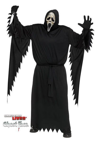 Adults Plus Size Scream Aged Ghost Face Costume featuring a full‑length black hooded robe designed with a loose, flowing silhouette, wide draped sleeves, and jagged torn‑style edges at the cuffs and hem, finished with a tie belt at the waist for a classic slasher look; includes matching gloves and an aged Ghost Face mask with a cracked, distressed bone‑tone finish, hollow black eye openings, and elongated scream mouth that gives the iconic face a worn, decayed appearance