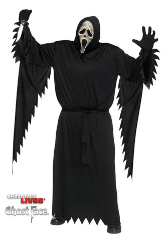 Adults Plus Size Scream Aged Ghost Face Costume featuring a full‑length black hooded robe designed with a loose, flowing silhouette, wide draped sleeves, and jagged torn‑style edges at the cuffs and hem, finished with a tie belt at the waist for a classic slasher look; includes matching gloves and an aged Ghost Face mask with a cracked, distressed bone‑tone finish, hollow black eye openings, and elongated scream mouth that gives the iconic face a worn, decayed appearance