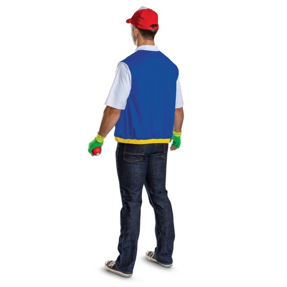 Back of man Adults Pokémon Ash Ketchum Costume Kit Featuring a blue sleeveless jacket with yellow trim and front pocket accents layered over a white short-sleeve shirt design, this costume kit includes a red and white cap with a green emblem on the front, a pair of green fingerless gloves, and a foam Poké Ball accessory