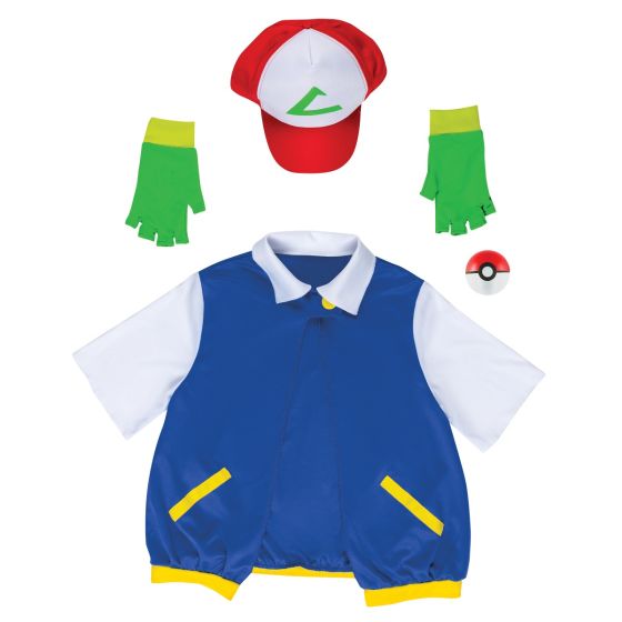 Adults Pokémon Ash Ketchum Costume Kit featuring a blue sleeveless jacket with yellow trim and front pocket accents layered over a white short-sleeve shirt design, this costume kit includes a red and white cap with a green emblem on the front, a pair of green fingerless gloves, and a foam Poké Ball accessory