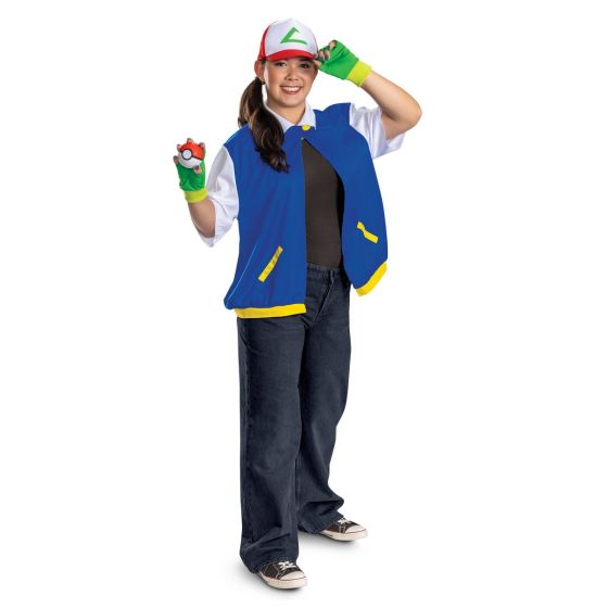 Woman in the Adults Pokémon Ash Ketchum Costume Kit Featuring a blue sleeveless jacket with yellow trim and front pocket accents layered over a white short-sleeve shirt design, this costume kit includes a red and white cap with a green emblem on the front, a pair of green fingerless gloves, and a foam Poké Ball accessory