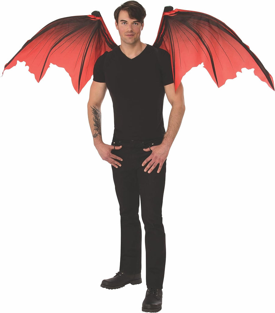 Man wearing the Green Mechanical Dragon Wings which feature a large pair of articulated wings constructed with red fabric panels stretched between structured internal supports, creating a realistic wing silhouette with visible vein‑like patterning throughout. The wings are connected to a central mechanical harness unit worn on the back, complete with visible hinge joints and attachment points; controlled by hand‑held pull loops allowing the wings to expand