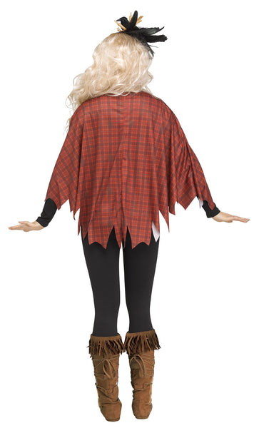 Back of woman posing in the Adults Scary Scarecrow Costume Poncho
featuring a loose, oversized poncho‑style top designed in a dark red and brown plaid pattern, styled with jagged, uneven cut edges along the sleeves and hem for a torn, weather‑worn effect; accented with stitched patchwork pieces in burlap‑style and fabric textures across the front. The neckline is finished with a distressed burlap collar and rope tie, along with straw‑style fringe details that add depth and a rugged harvest look