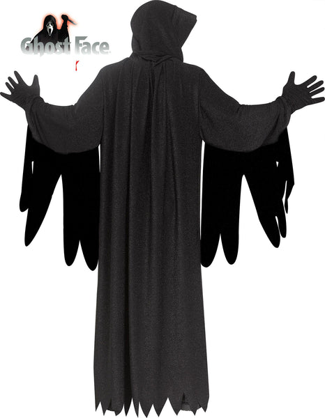 Back of Adults Scream 25th Anniversary Ghost Face Costume featuring  full‑length black hooded robe designed with a wide, flowing silhouette, long draped sleeves, and jagged torn-style edges at the cuffs and hem, finished with a tie belt at the waist for a classic slasher look; the robe has a slightly textured, shimmering finish that catches light subtly, adding depth to the otherwise all‑black design. The costume includes black gloves and the iconic Ghost Face mask with the traditional elongated white face