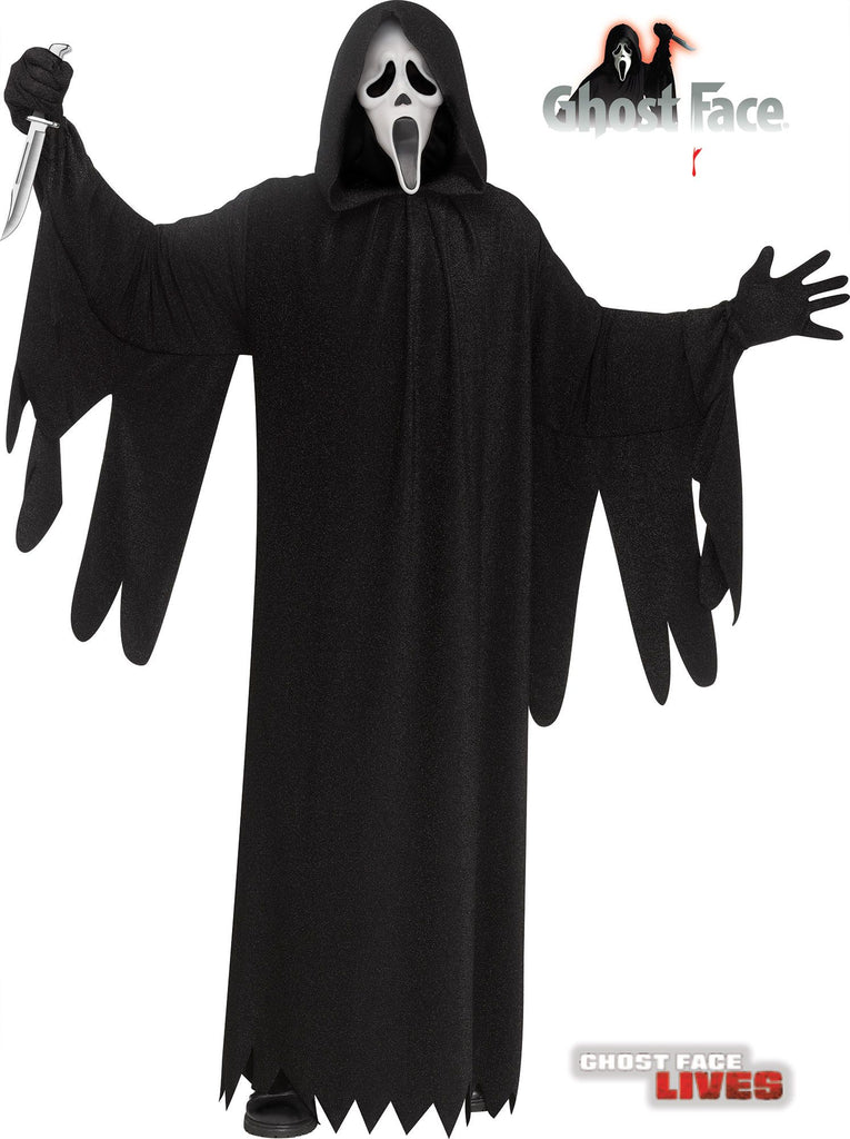 Adults Scream 25th Anniversary Ghost Face Costume featuring  full‑length black hooded robe designed with a wide, flowing silhouette, long draped sleeves, and jagged torn-style edges at the cuffs and hem, finished with a tie belt at the waist for a classic slasher look; the robe has a slightly textured, shimmering finish that catches light subtly, adding depth to the otherwise all‑black design. The costume includes black gloves and the iconic Ghost Face mask with the traditional elongated white face