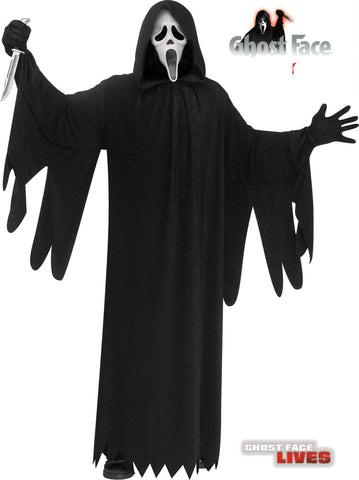 Adults Scream 25th Anniversary Ghost Face Costume featuring  full‑length black hooded robe designed with a wide, flowing silhouette, long draped sleeves, and jagged torn-style edges at the cuffs and hem, finished with a tie belt at the waist for a classic slasher look; the robe has a slightly textured, shimmering finish that catches light subtly, adding depth to the otherwise all‑black design. The costume includes black gloves and the iconic Ghost Face mask with the traditional elongated white face