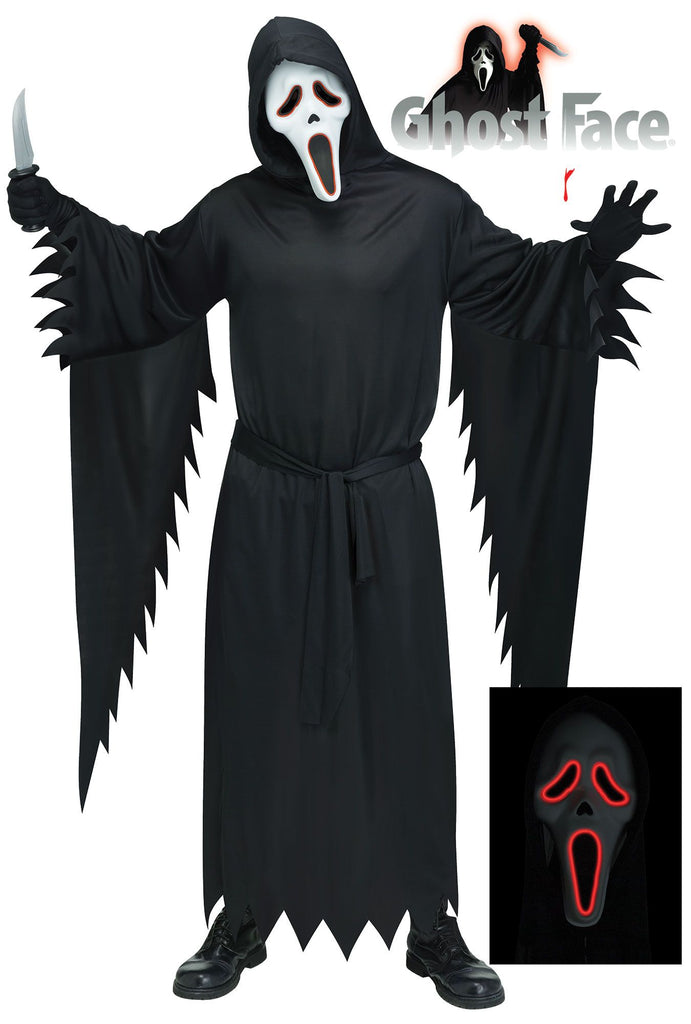 Man posing in Adults Scream Electroluminescence Ghost Face Costume featuring a full‑length black hooded robe with a loose, flowing silhouette, wide draped sleeves, and jagged torn-style edges at the cuffs and hem, finished with a tie belt at the waist for a classic slasher look; includes an electroluminescent Ghost Face mask with the iconic elongated white face, outlined by glowing red light strips around the eyes and mouth for a bold, illuminated effect