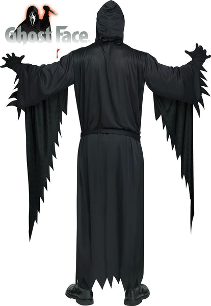 Back of Man posing in Adults Scream Electroluminescence Ghost Face Costume featuring a full‑length black hooded robe with a loose, flowing silhouette, wide draped sleeves, and jagged torn-style edges at the cuffs and hem, finished with a tie belt at the waist for a classic slasher look; includes an electroluminescent Ghost Face mask with the iconic elongated white face, outlined by glowing red light strips around the eyes and mouth for a bold, illuminated effect