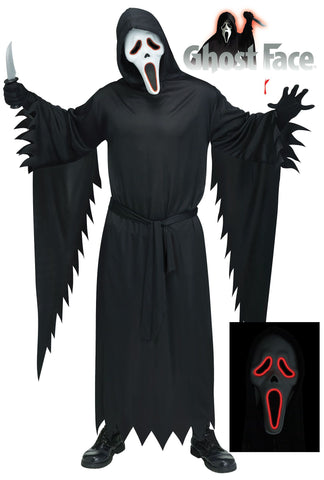 Man posing in Adults Scream Electroluminescence Ghost Face Costume featuring a full‑length black hooded robe with a loose, flowing silhouette, wide draped sleeves, and jagged torn-style edges at the cuffs and hem, finished with a tie belt at the waist for a classic slasher look; includes an electroluminescent Ghost Face mask with the iconic elongated white face, outlined by glowing red light strips around the eyes and mouth for a bold, illuminated effect
