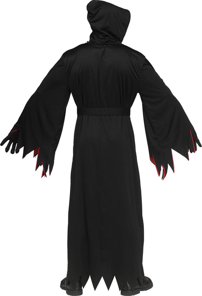 Back view of the Adults Scream Reaper Ghost Face Costume a full‑length black hooded robe designed with a wide, flowing silhouette and long draped sleeves finished with jagged, torn‑style edges; detailed with a bold vertical red panel down the front and matching red lining inside the hood and sleeve openings for dramatic contrast. The robe includes a tie belt at the waist to help define the shape while maintaining the classic, loose reaper look  and matching black gloves to complete the look