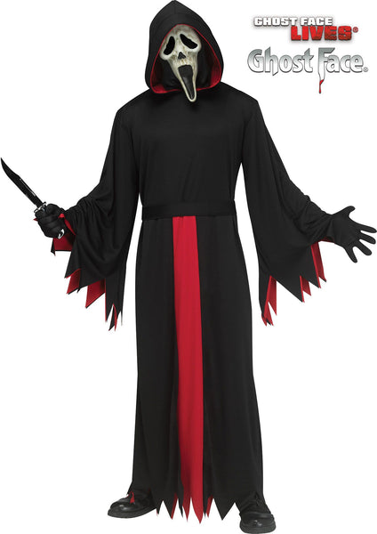 Adults Scream Reaper Ghost Face Costume a full‑length black hooded robe designed with a wide, flowing silhouette and long draped sleeves finished with jagged, torn‑style edges; detailed with a bold vertical red panel down the front and matching red lining inside the hood and sleeve openings for dramatic contrast. The robe includes a tie belt at the waist to help define the shape while maintaining the classic, loose reaper look and matching black gloves to complete the full head‑to‑toe appearance