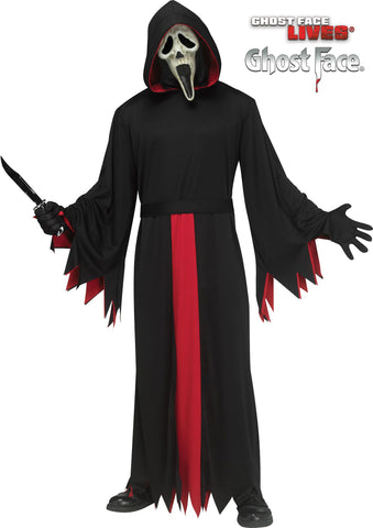 Adults Scream Reaper Ghost Face Costume a full‑length black hooded robe designed with a wide, flowing silhouette and long draped sleeves finished with jagged, torn‑style edges; detailed with a bold vertical red panel down the front and matching red lining inside the hood and sleeve openings for dramatic contrast. The robe includes a tie belt at the waist to help define the shape while maintaining the classic, loose reaper look and matching black gloves to complete the full head‑to‑toe appearance