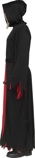 Side view of the Adults Scream Reaper Ghost Face Costume a full‑length black hooded robe designed with a wide, flowing silhouette and long draped sleeves finished with jagged, torn‑style edges; detailed with a bold vertical red panel down the front and matching red lining inside the hood and sleeve openings for dramatic contrast. The robe includes a tie belt at the waist to help define the shape while maintaining the classic, loose reaper look and matching black gloves to complete the look