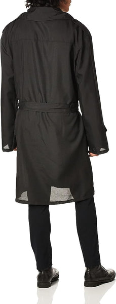 Back view of a person in the Adults Secret Agent Trench Costume Coat which features a long black trench‑style coat with a structured silhouette, wide notched collar, and double‑breasted button front; designed with a matching adjustable fabric belt at the waist, buttoned cuff straps at the sleeves, and a straight knee‑length hem that creates a classic undercover profile; finished in a lightweight black fabric that drapes cleanly for a sharp, cinematic look