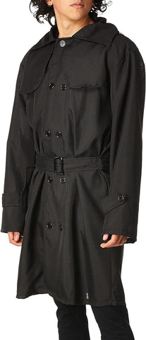 Front view of the Adults Secret Agent Trench Costume Coat which features a long black trench‑style coat with a structured silhouette, wide notched collar, and double‑breasted button front; designed with a matching adjustable fabric belt at the waist, buttoned cuff straps at the sleeves, and a straight knee‑length hem that creates a classic undercover profile; finished in a lightweight black fabric that drapes cleanly for a sharp, cinematic look