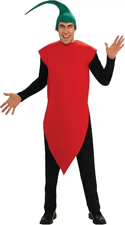 Adults Smokin' Red Chili Pepper Costume Featuring a red foam tunic shaped like a chili pepper with a smooth, curved silhouette, a pointed hem that tapers toward the knees, and an attached green stem-style headpiece that fits over the head, designed to be worn over a long-sleeve shirt and pants.