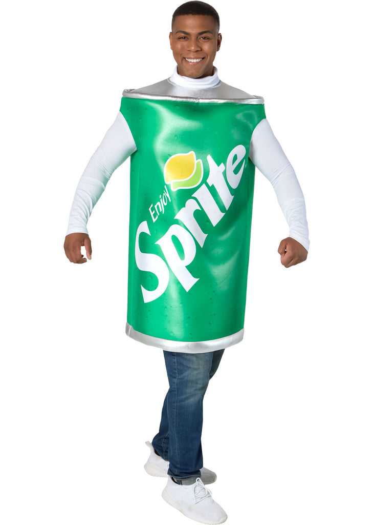 Man in the Adults Sprite Can Costume Featuring a foam-backed tunic costume shaped like a Sprite soda can with a bright green exterior, all-over condensation droplet graphics, a large angled Sprite logo with lemon-lime icon and Enjoy Sprite text, metallic silver top and bottom bands to resemble a can lid and base, and a sleeveless design that slips on over clothing for a boxy, structured silhouette.